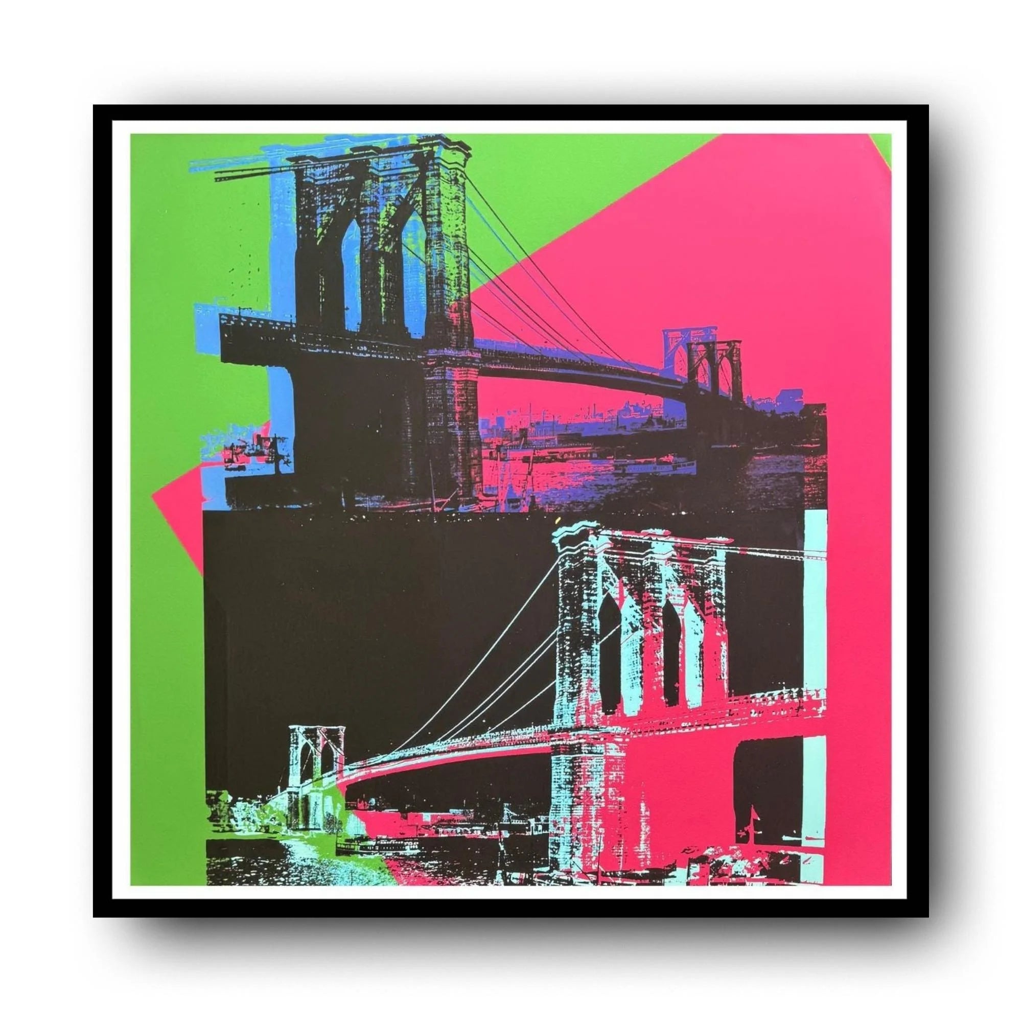Framed artwork of the Brooklyn Bridge with a colorful geometric design on a white background